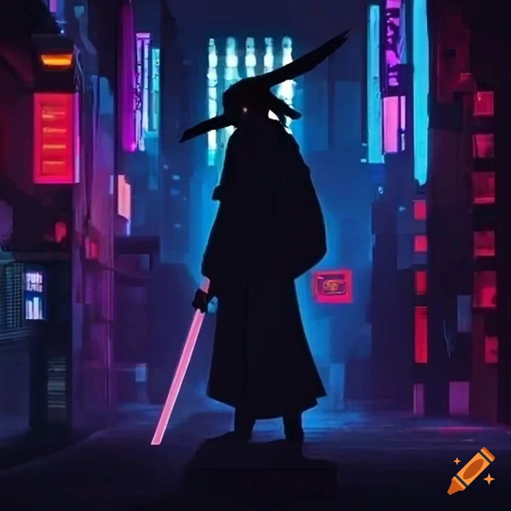 Cyberpunk anime character with rain coat and knives