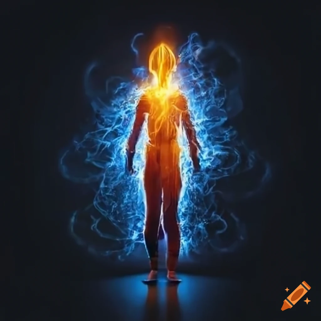Artwork of a hero surrounded by exploding light energy on Craiyon