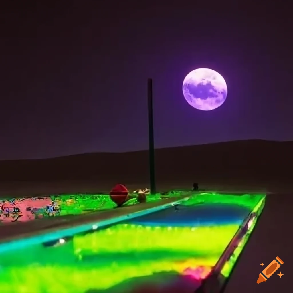 vibrant game show in the desert with neon lights