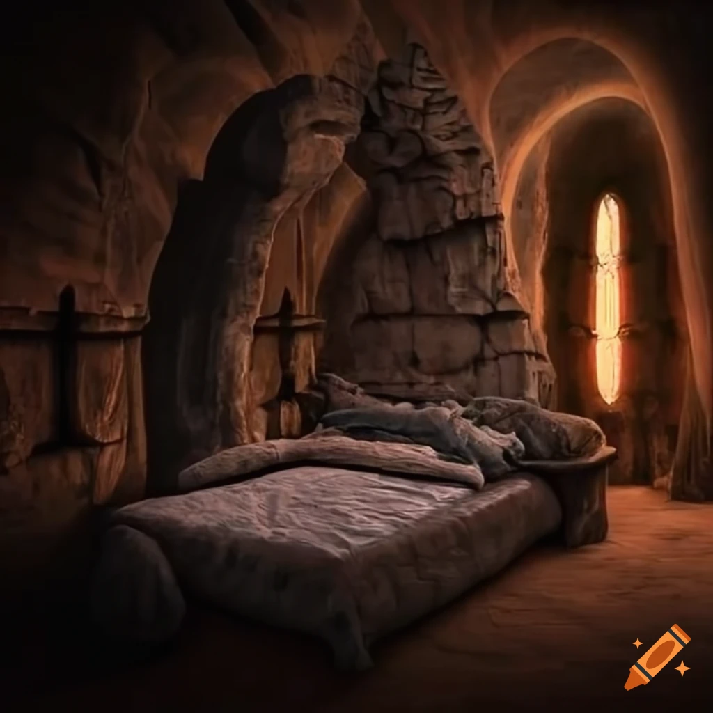 Side view of a stone bed in a fantasy castle bedroom on Craiyon