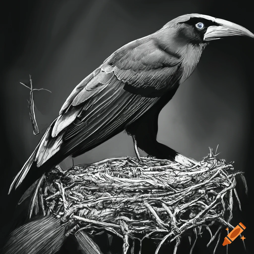 grayscale pencil sketch of a Montezuma oropendola bird building its nest