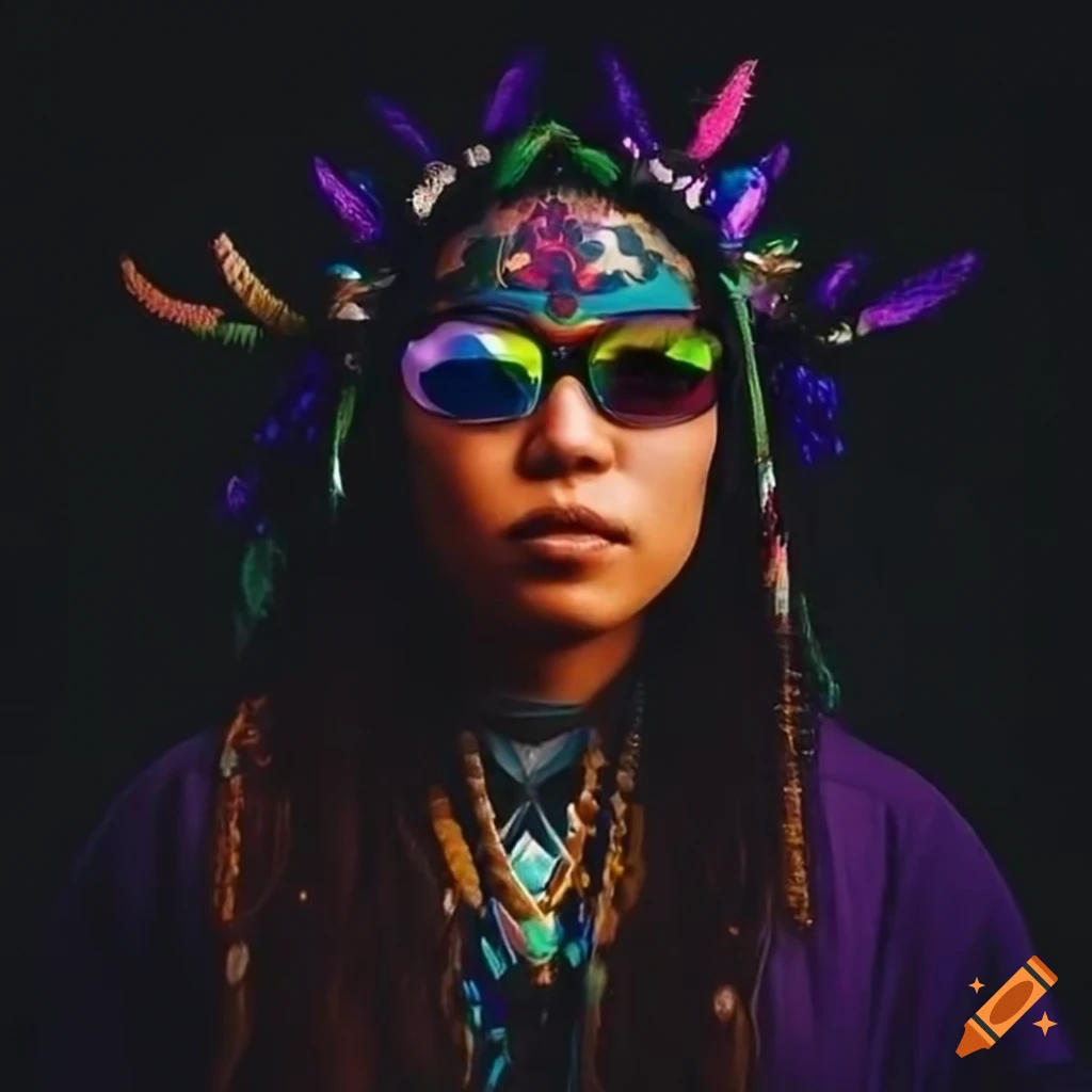 Nonbinary shaman with eye tattoos and colorful sunglasses