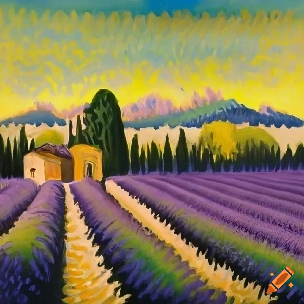 Painting of a lavender field in provence