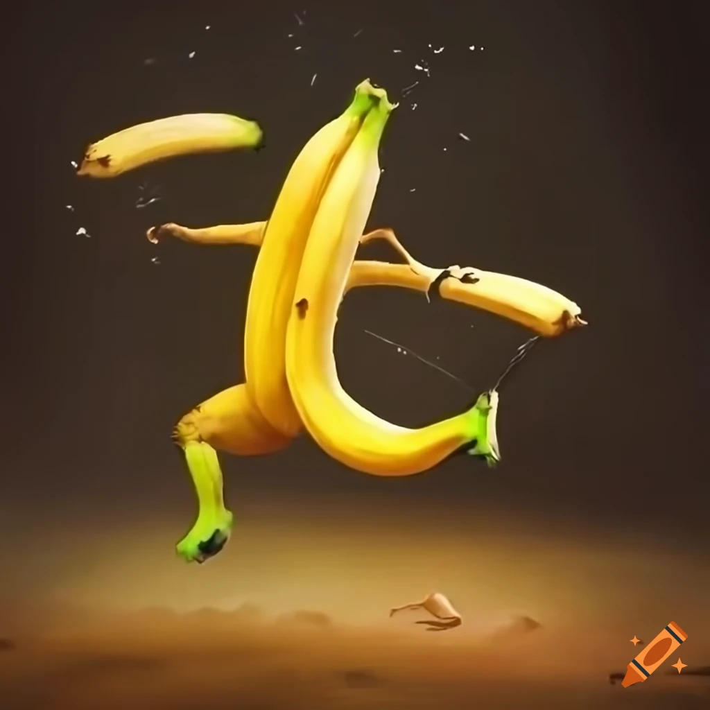 Surreal artwork of a jumping bananaman on Craiyon