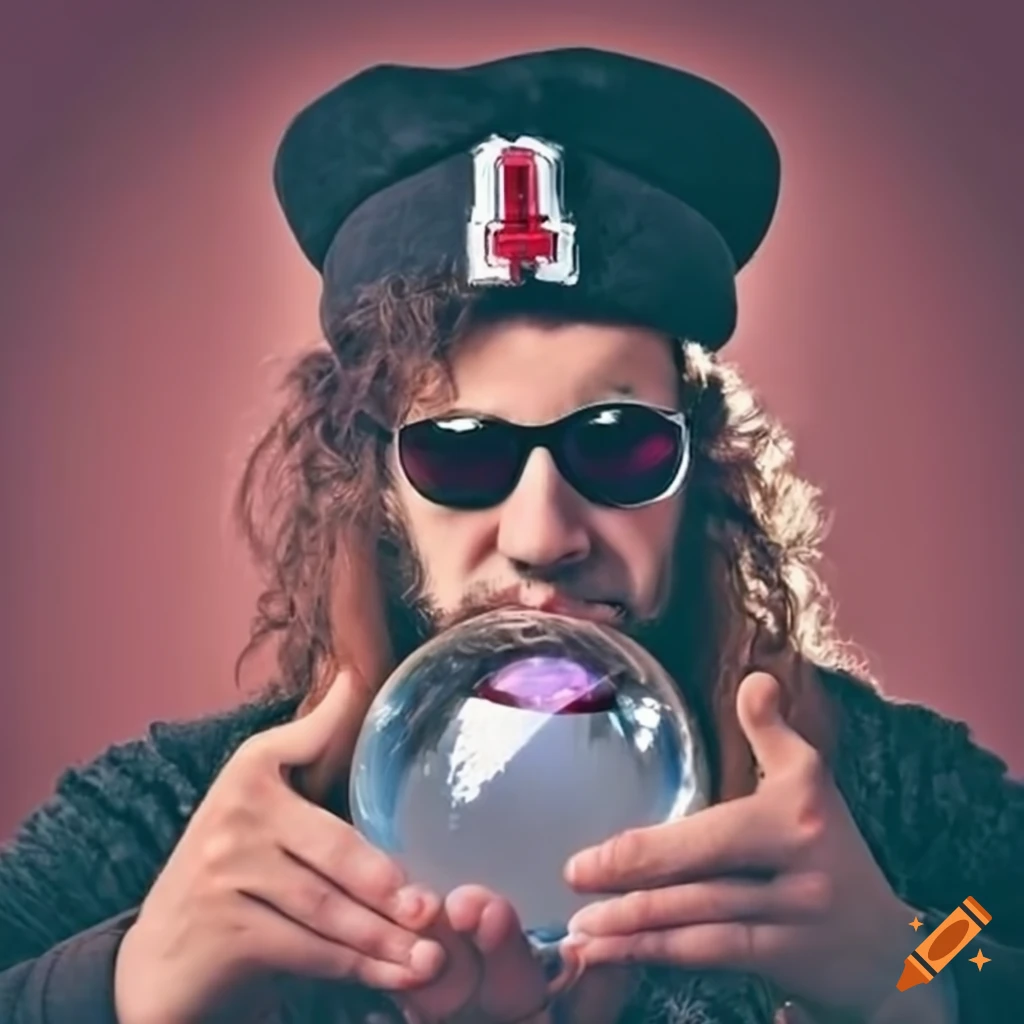 Man with long hair in sunglasses looking at crystal ball on Craiyon