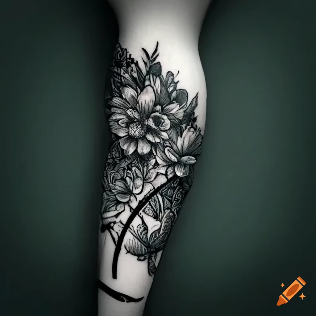 monochrome leg tattoo with flowers and insects