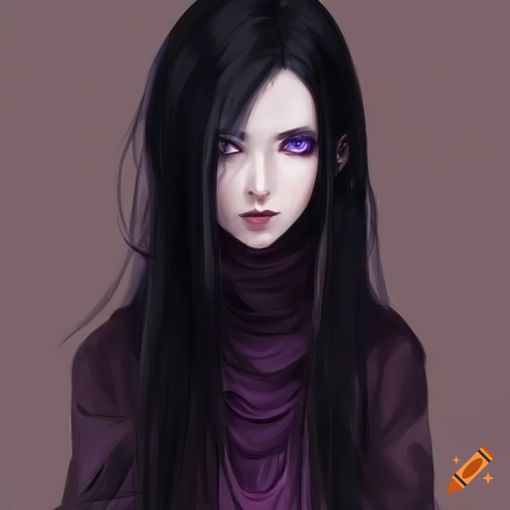 Portrait of a mysterious woman with long black hair and violet eyes