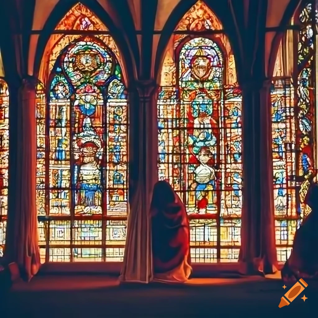men praying in a monastery with stained glass windows