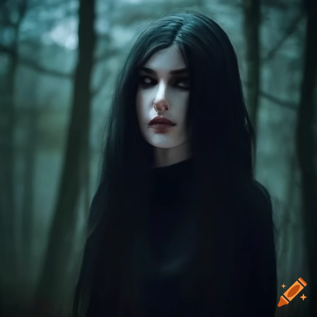 Artistic depiction of a mysterious lady in a dark forest