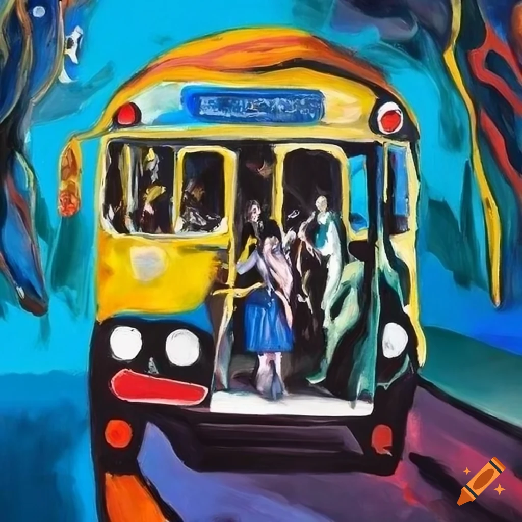 Painting of people traveling on a bus with vibrant brushstrokes on Craiyon