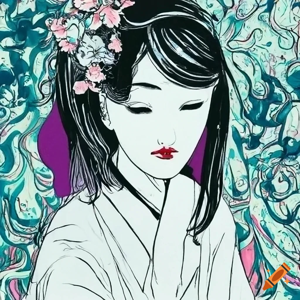 colorful manga sketch of a Japanese woman in white dress