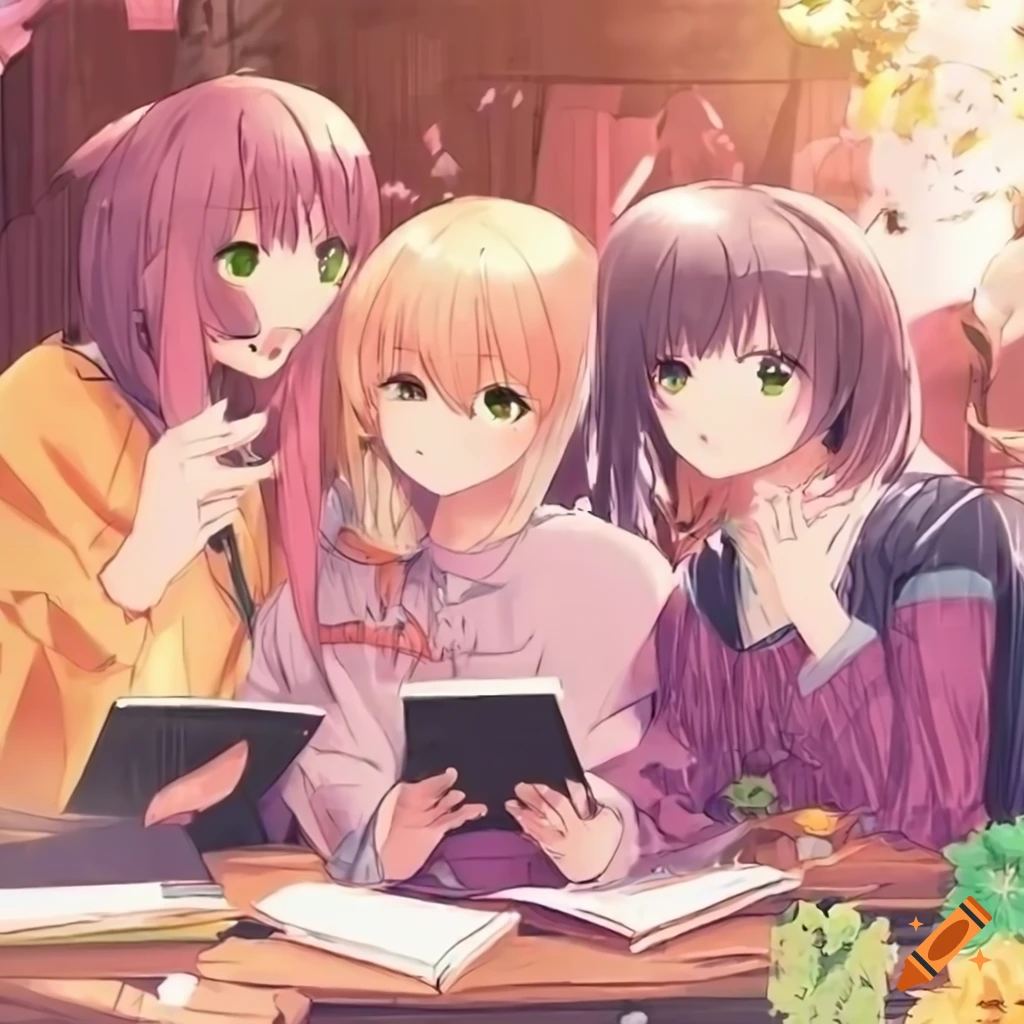 Joyful Anime Girls Browsing Textbooks At A Crowded Open air Book Stall joyful-anime-girls-browsing-textbooks-at-a-crowded-open-air-book-stall