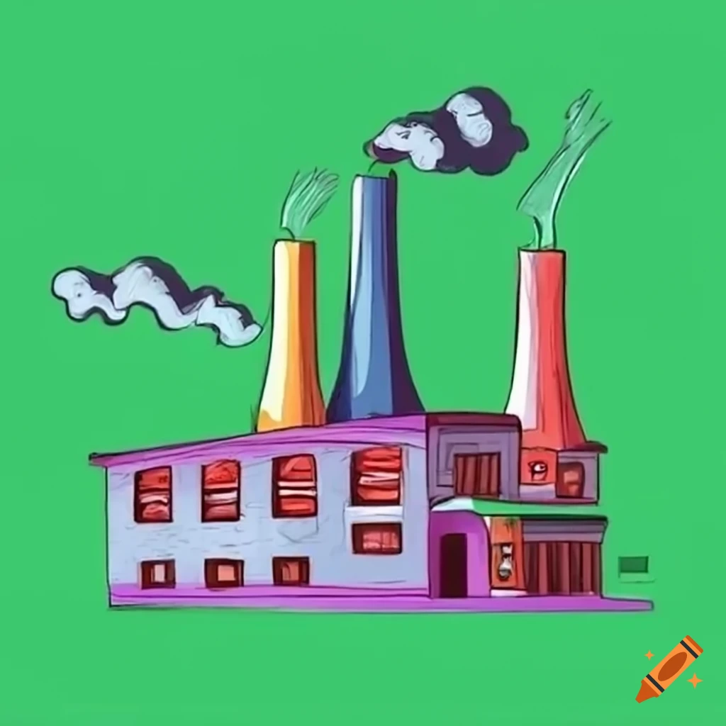 Cartoon depiction of a CO2-emitting factory on Craiyon