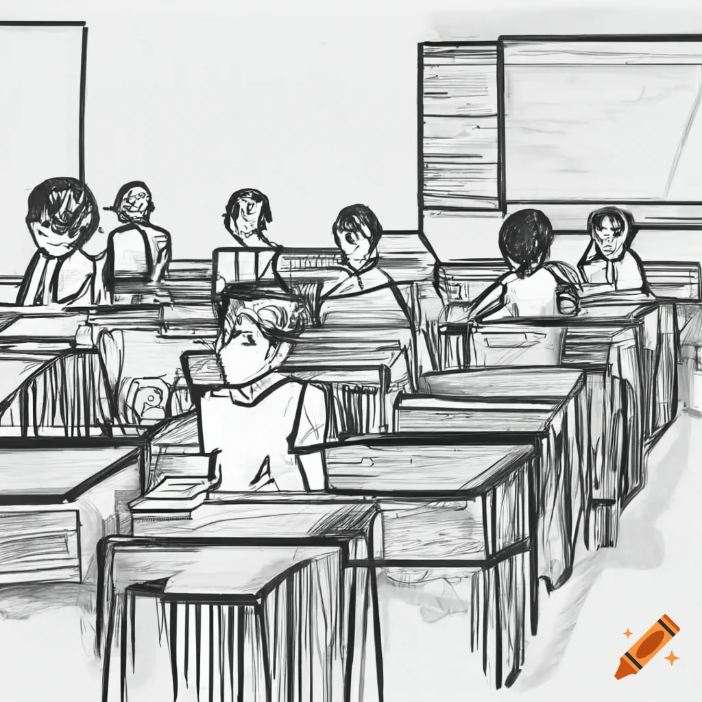 Line Art Of Students In A Classroom On Craiyon