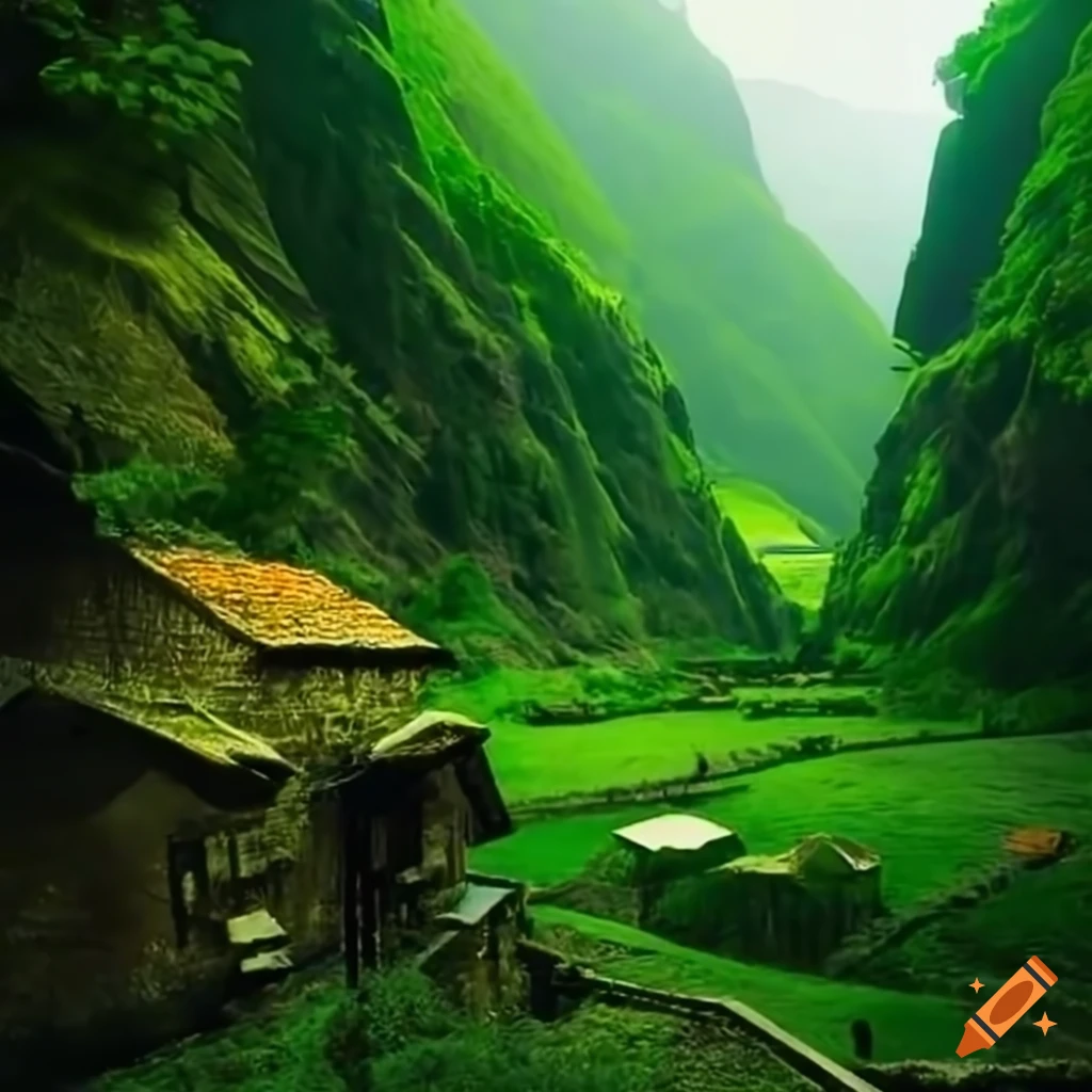 A picturesque village nestled in the green mountains on Craiyon