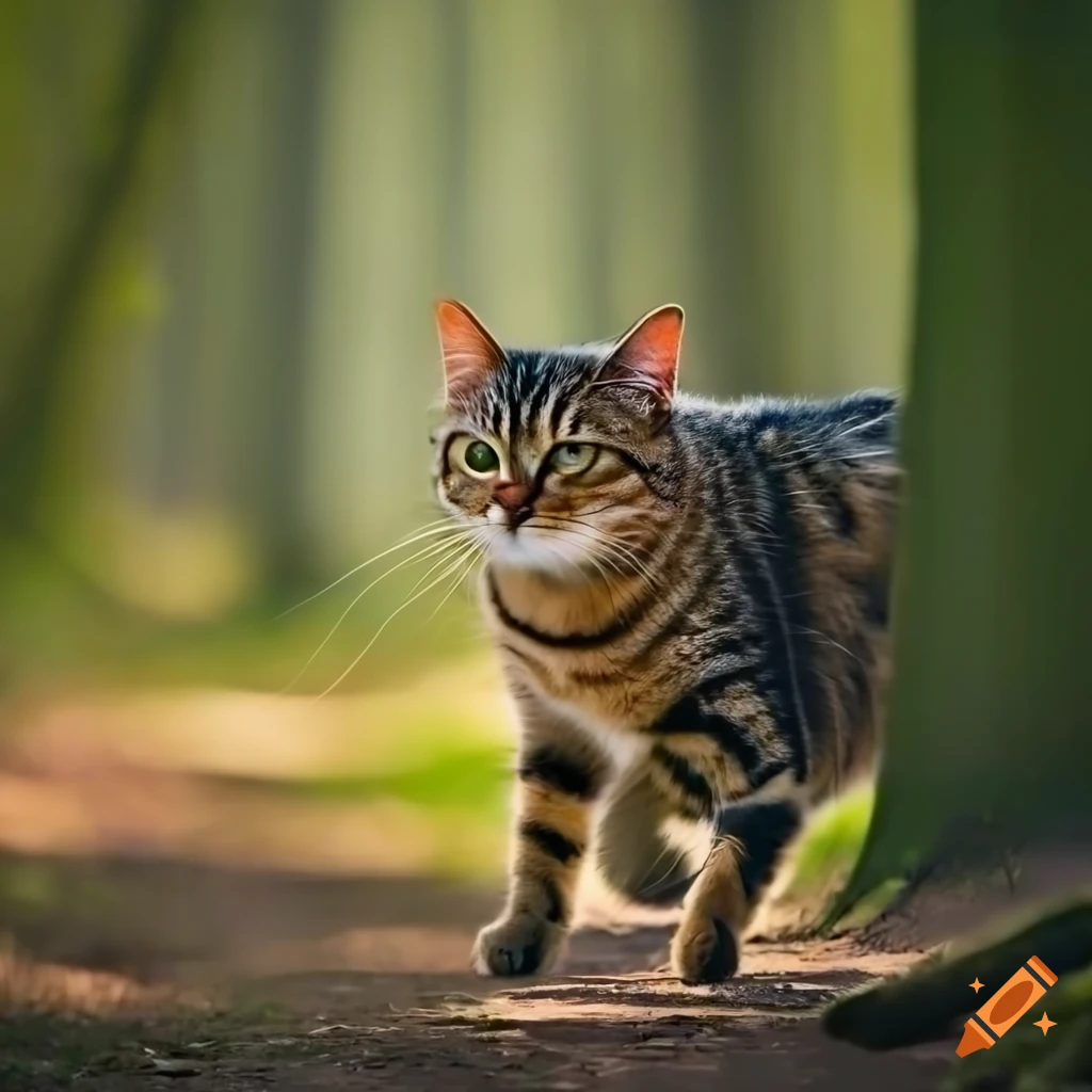 tabby cat walking in the forest with a mouse