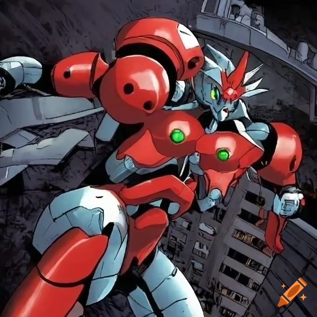 Ilustração estilo anime de um robô gigante com uma enorme cabeça generativa  ai