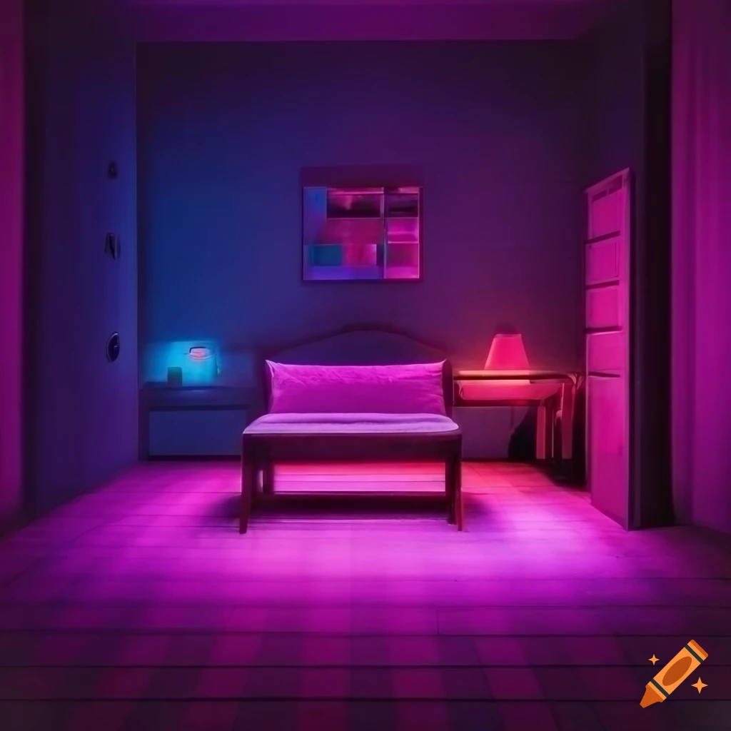 Neon-lit pink room with bench bed on Craiyon