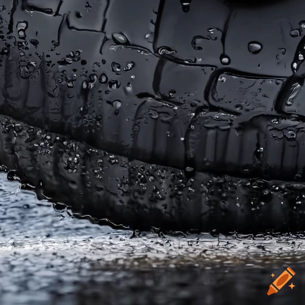 close up of a wet black tire reflecting surroundings