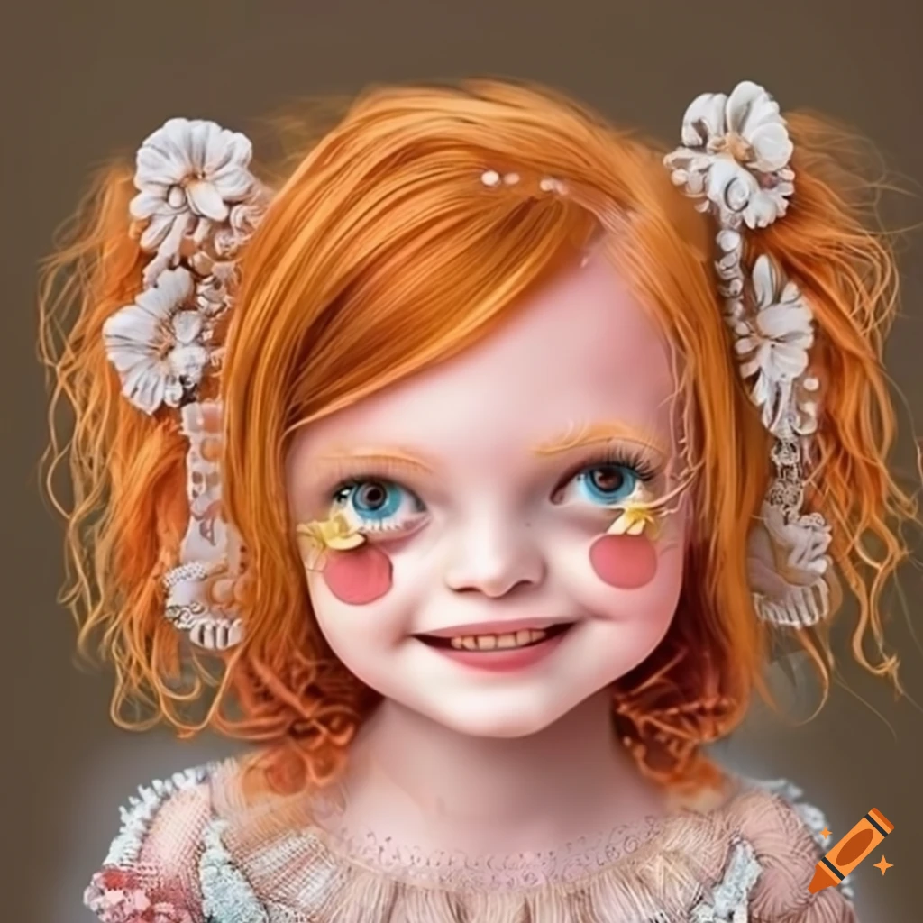 Cute little red-haired girl with hair in two ponytails,grey eyes