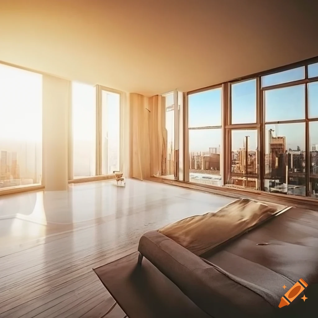 Luxury condominium interior with large windows and sunset light on Craiyon