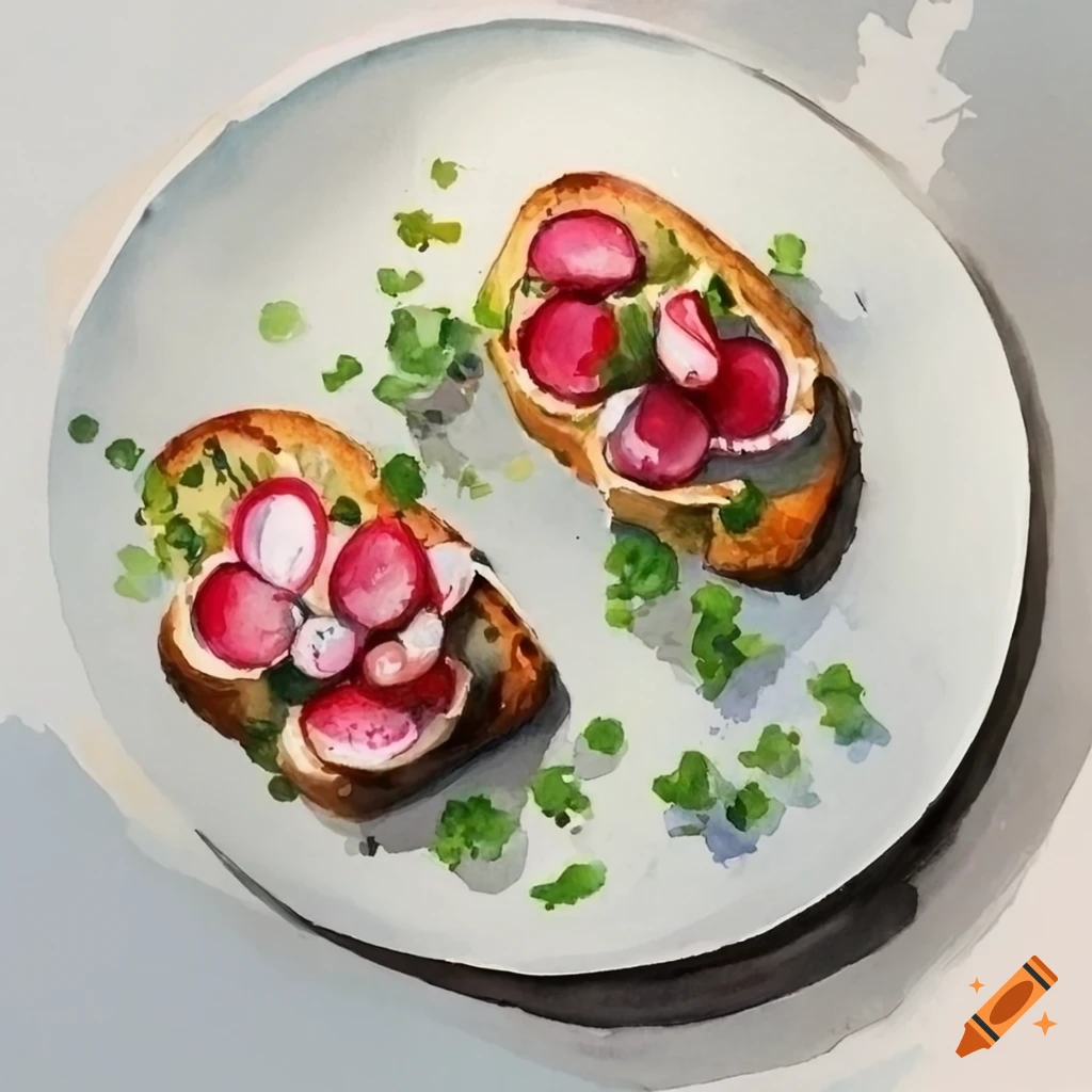 watercolor painting of crab and radish bruschetta