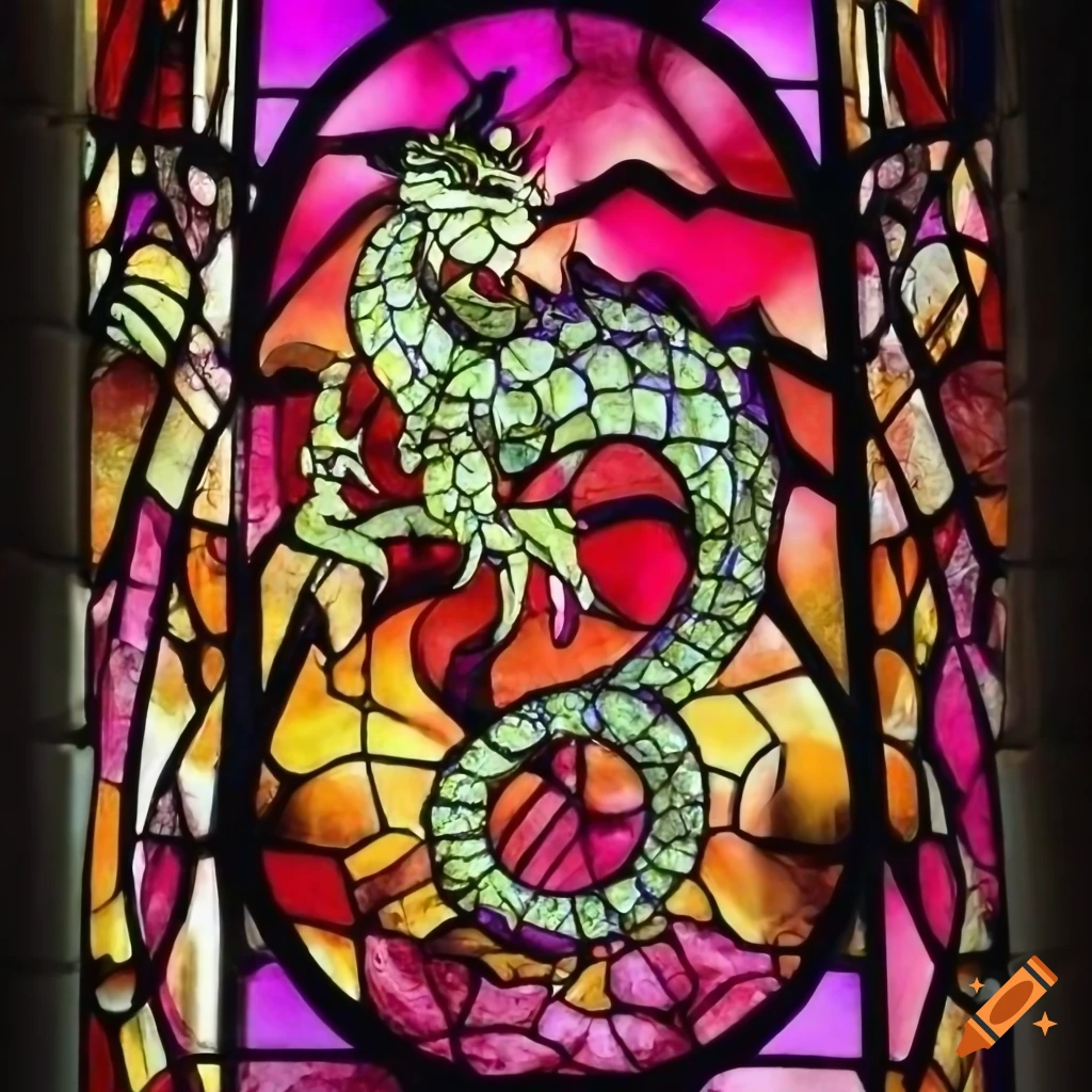gothic style stained glass window with a dragon
