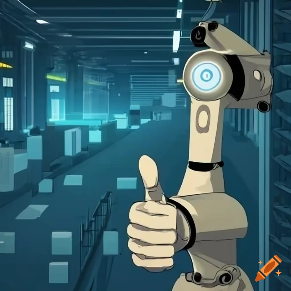 industrial robotic arm giving thumbs up in warehouse