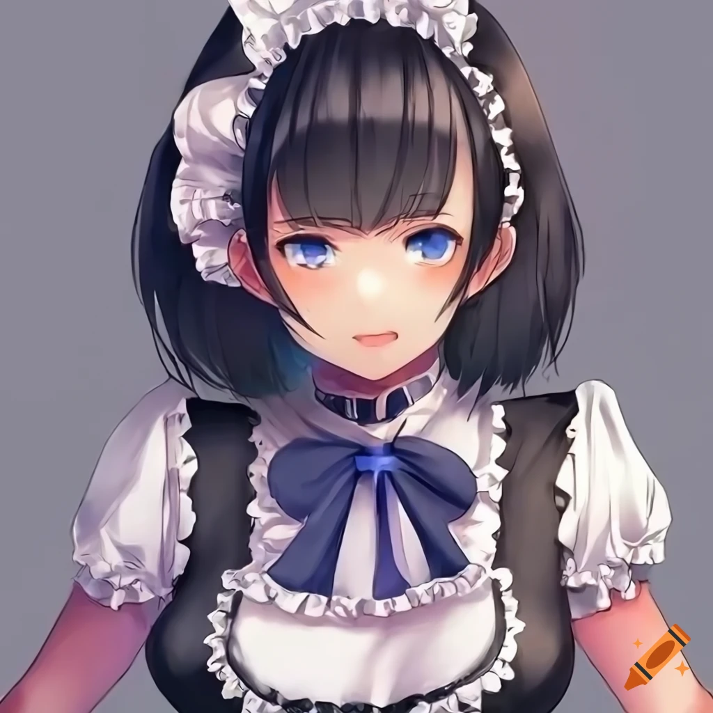 Anime girl in french maid outfit with black hair and blue eyes on Craiyon