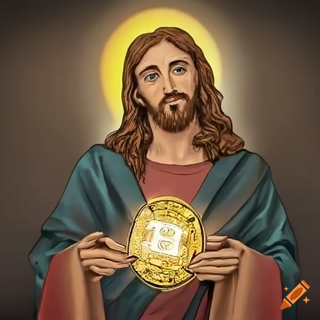 Digital artwork depicting jesus with a bitcoin on craiyon