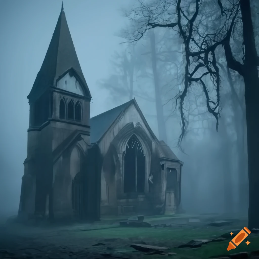 misty old graveyard and church