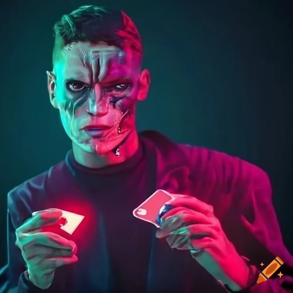 cyberpunk portrait of a scarred man holding glowing cards