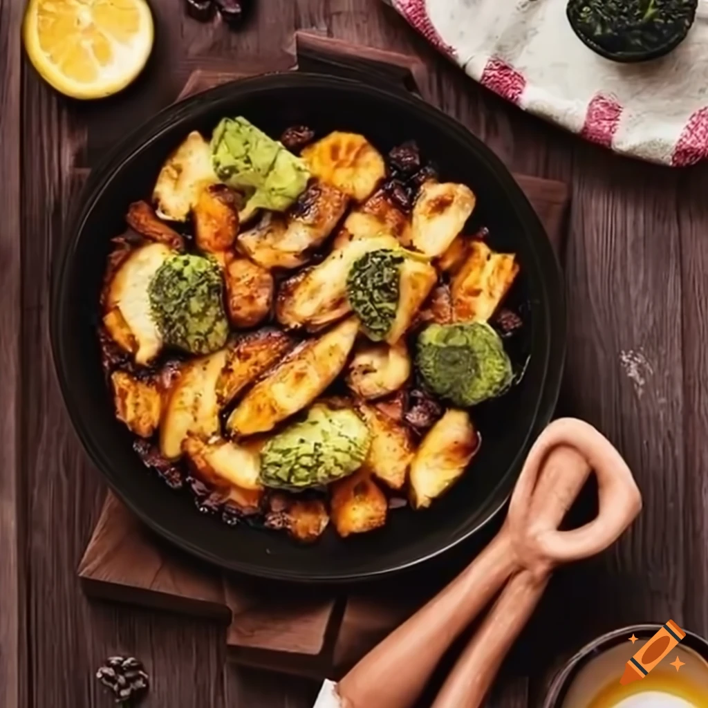 Vegan seitan stirfry with grilled sweet potato and broccoli on a wooden table