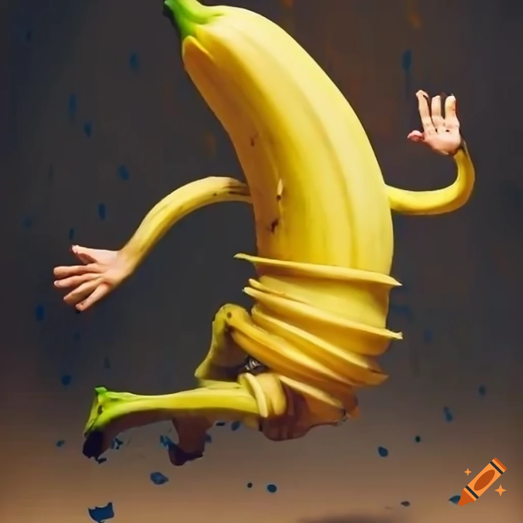 Surreal artwork of a jumping bananaman