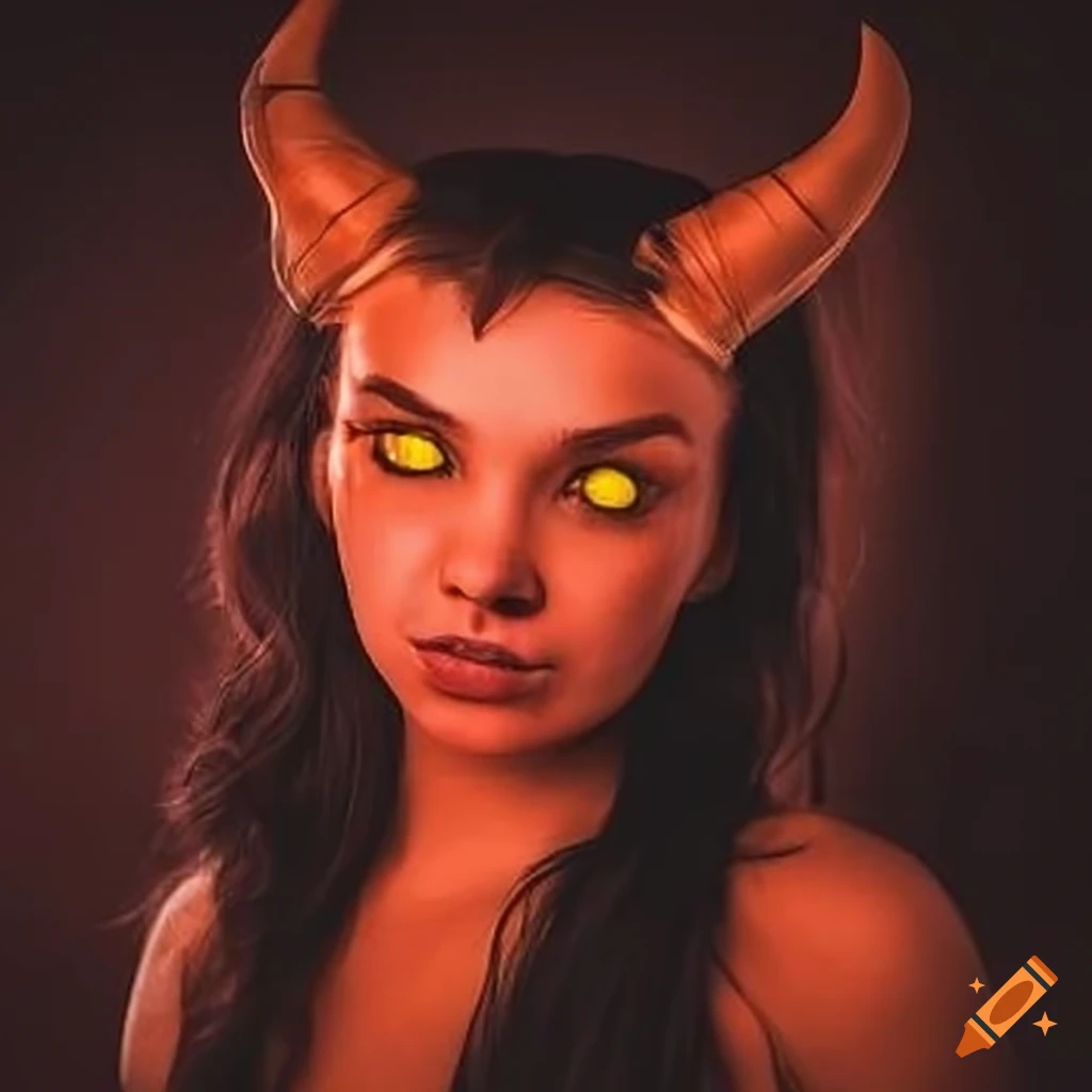 Portrait of a young female tiefling with vivid red skin and black hair ...