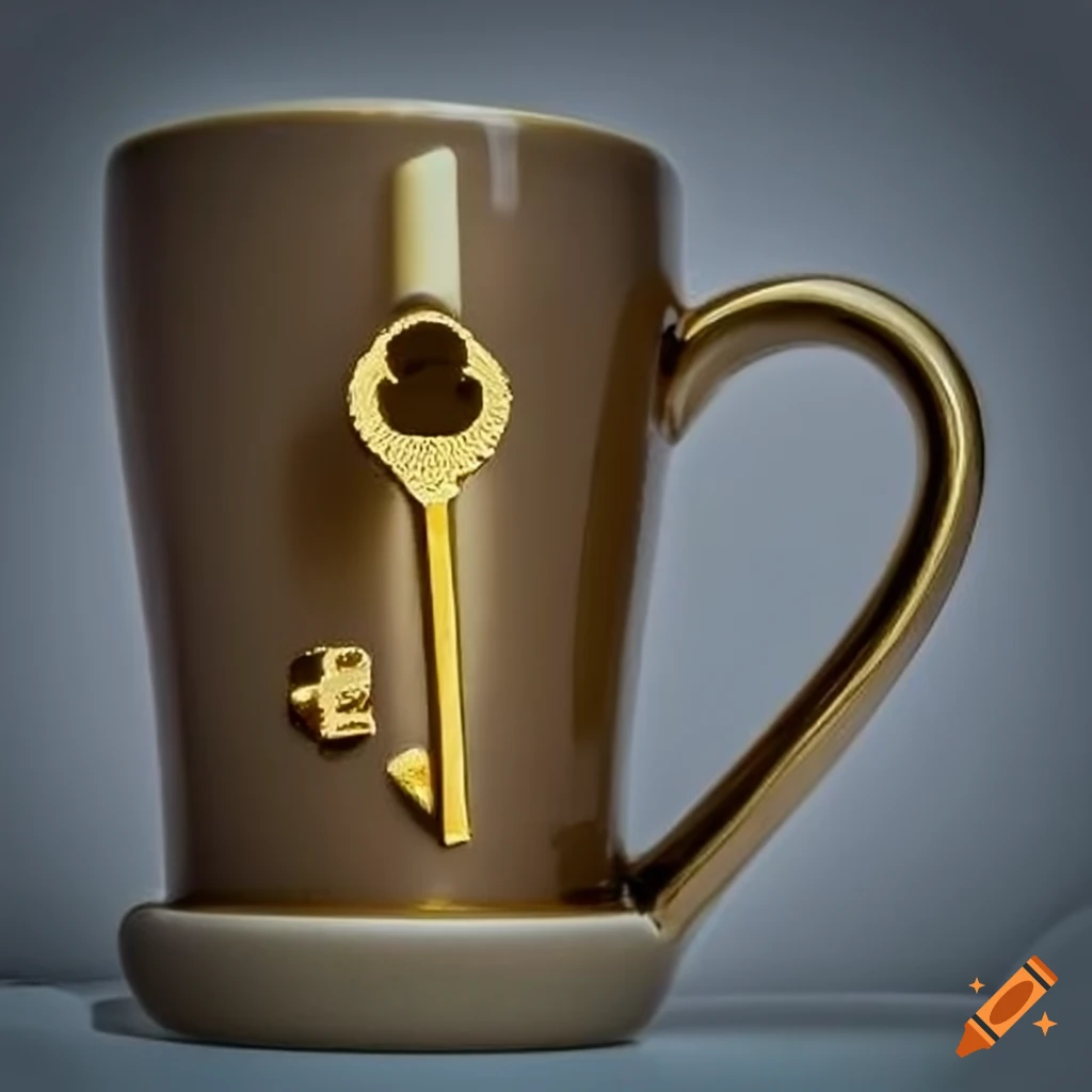 coffee mug with a gold key emblem
