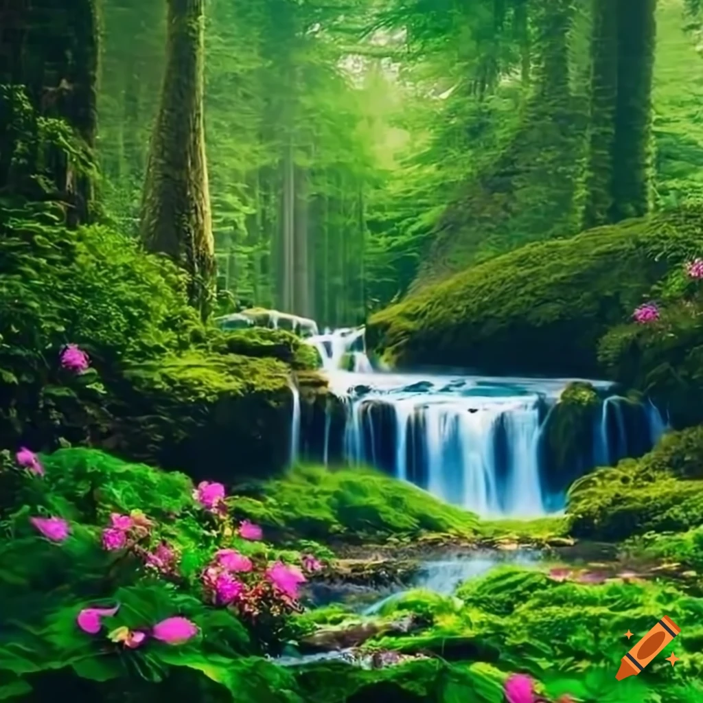 Lush green forest with waterfalls and vibrant plants