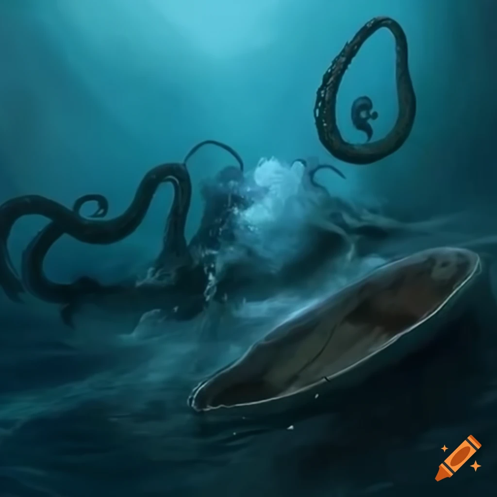 Dramatic artwork of a kraken attacking a boat on Craiyon