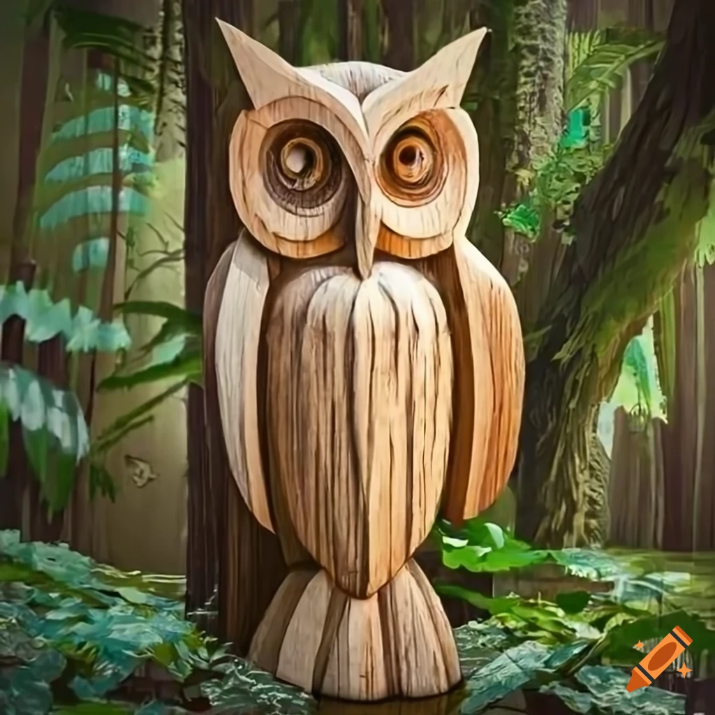 Giant wooden owl statue in a tropical forest on Craiyon