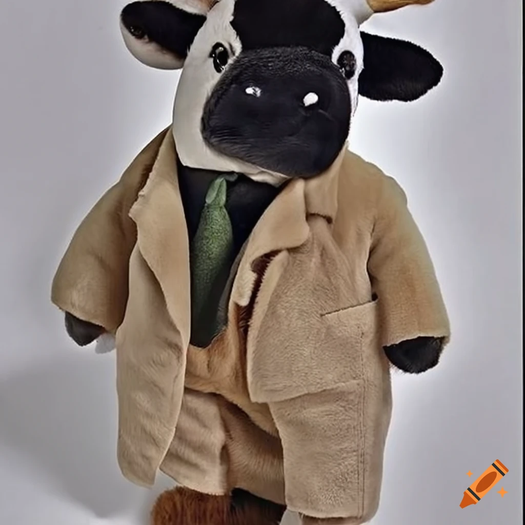 Holstein cow stuffed animal dressed like Lieutenant Columbo