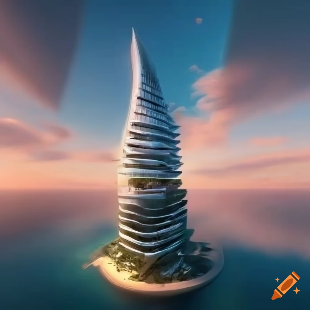 digital art of a futuristic skyscraper on an island