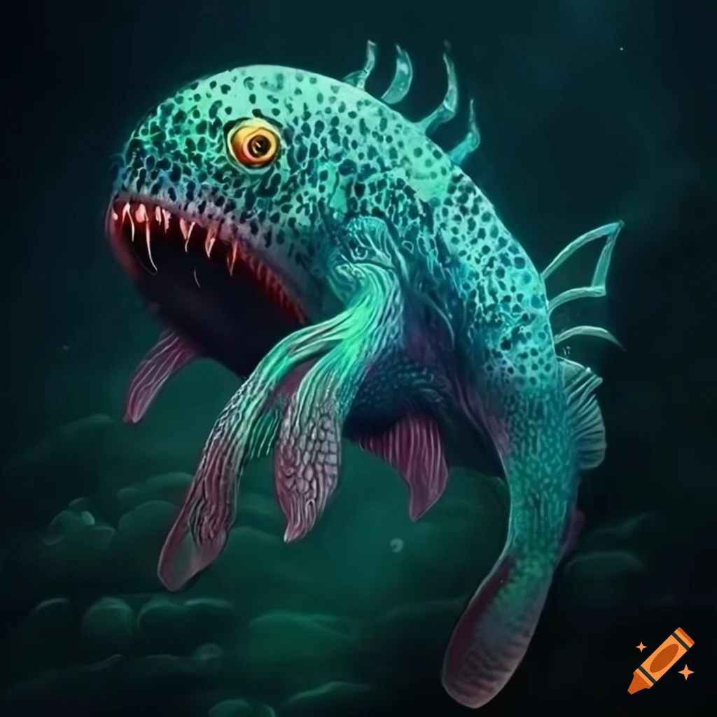 Surrealistic artwork of abyssal fish monsters in the dark