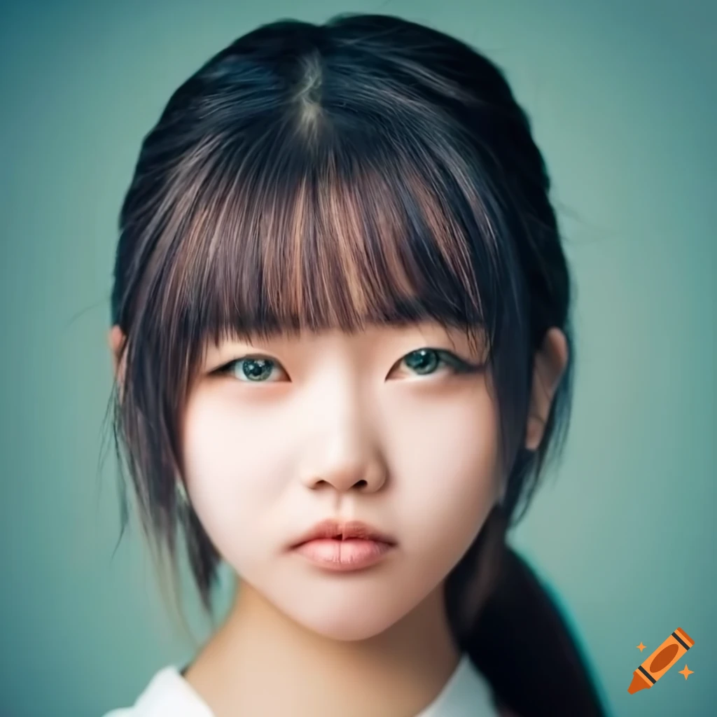 close-up portrait of a Japanese student girl with green eyes