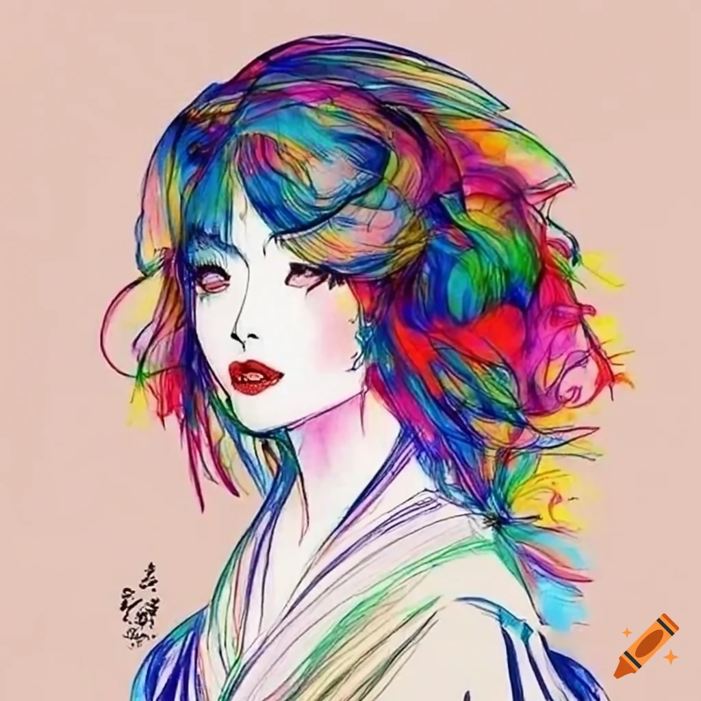 Colorful manga sketch of a japanese woman in white