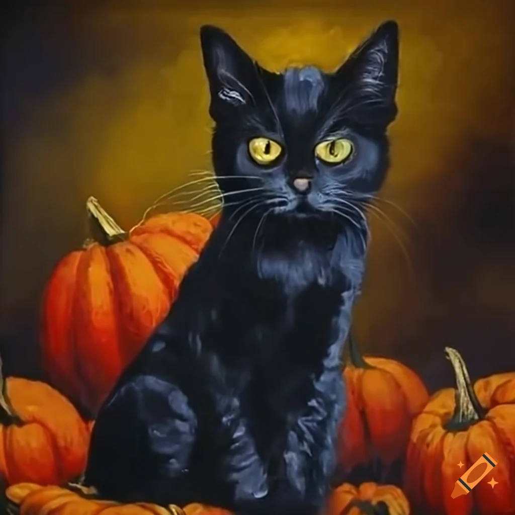 Black cat sitting on a pumpkin in a pumpkin patch