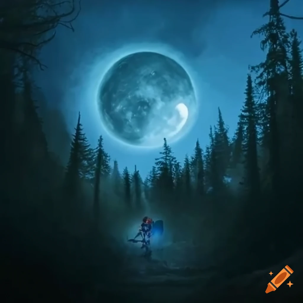 mountain biking competition in a moonlit forest
