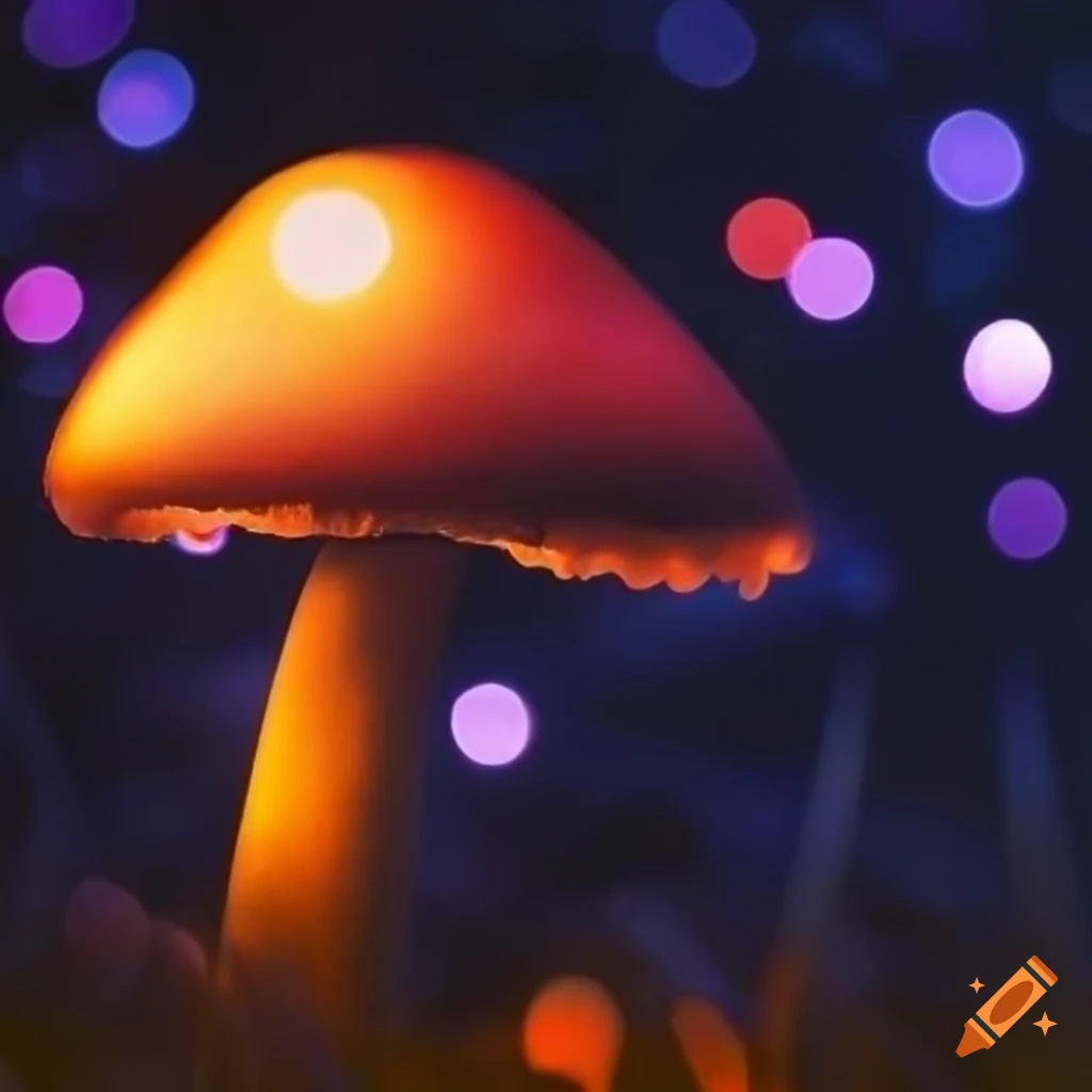 close-up of glowing mushrooms in bokeh