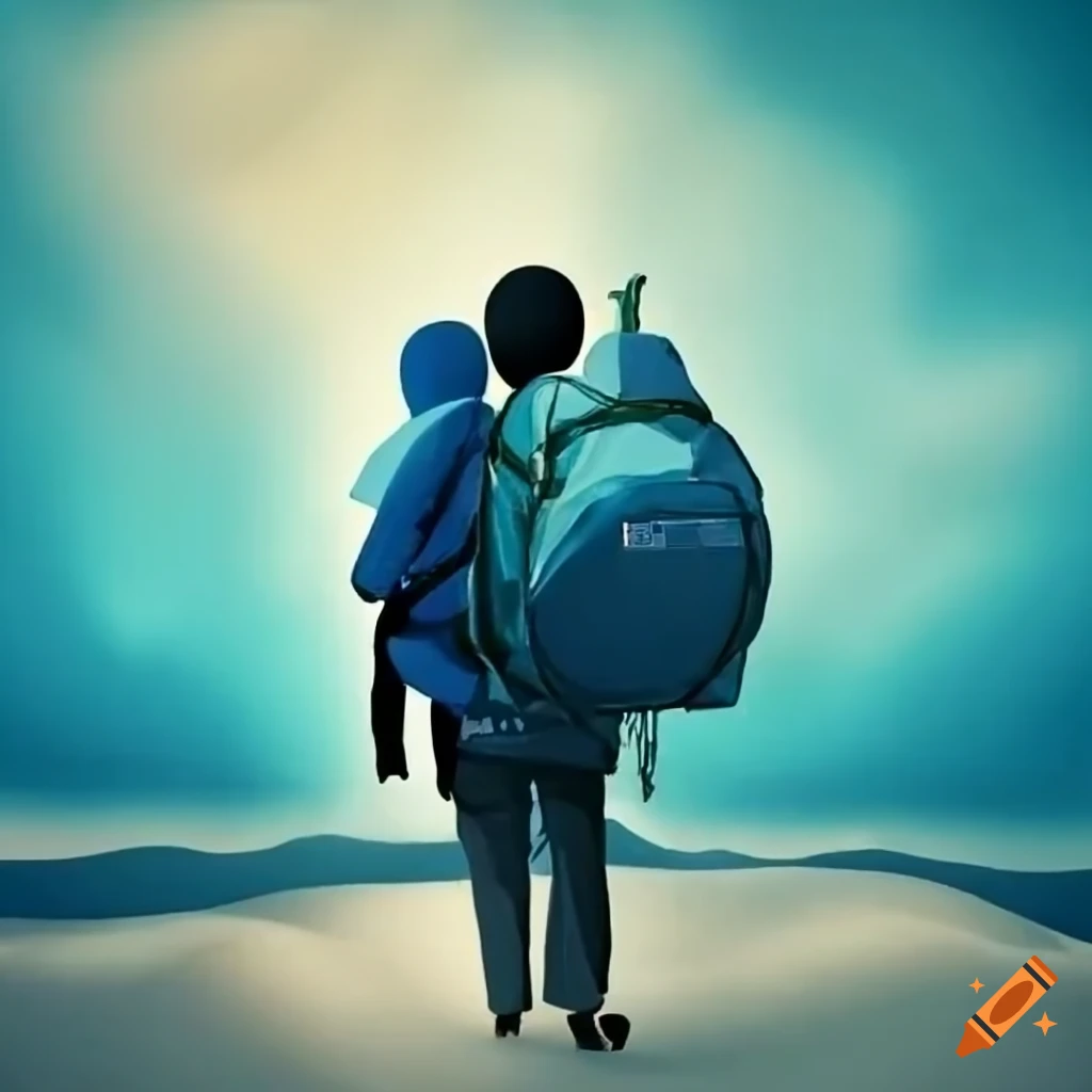image of a refugee carrying a departure backpack