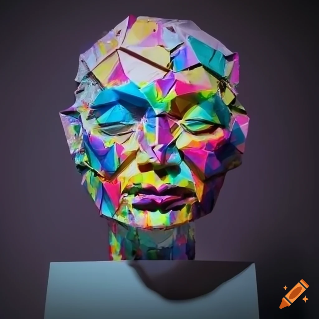 Sculpture of colorful origami figures in vibrant lighting on Craiyon