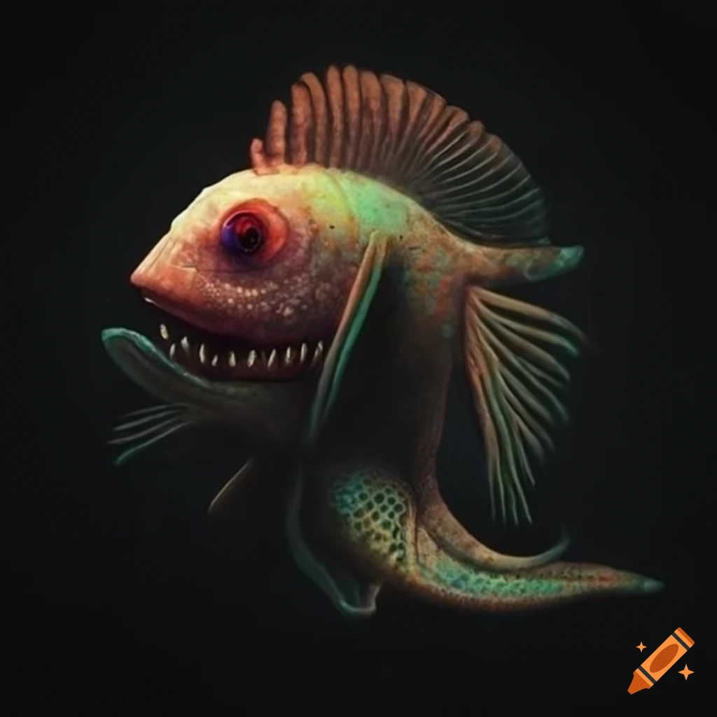 Surrealistic fish monsters in a dark abyss with bright dots